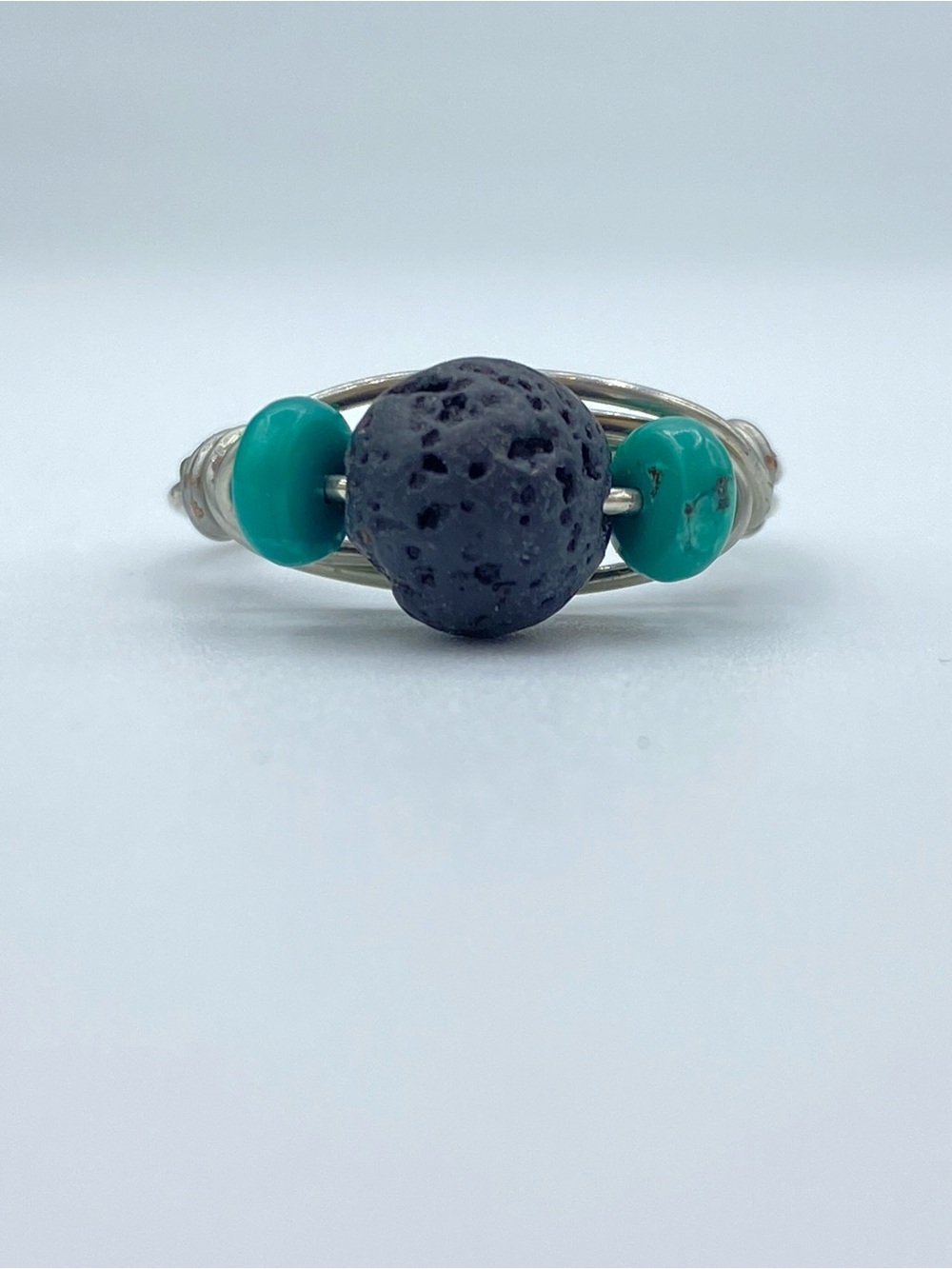 Black Lava Stone and Turquoise Bead Wire Wrap Ring